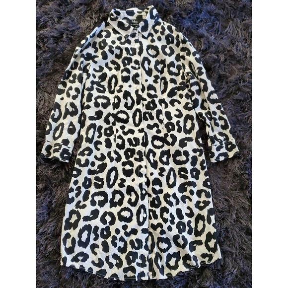 MG Silk Collection Leopard Print Shirt Dress Med Silk Black Ivory Button Down - Picture 1 of 9